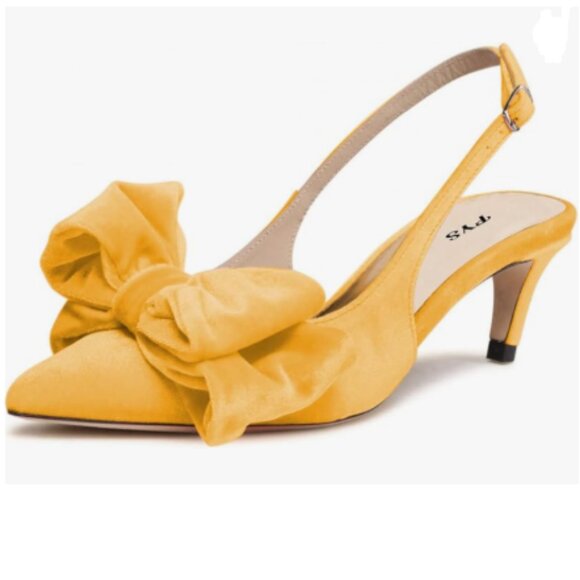 FYS Shoes - FYS Yellow Bow Pointed Toe Slingback Sandals Comfy Mid Heel Pumps Buckle Shoe